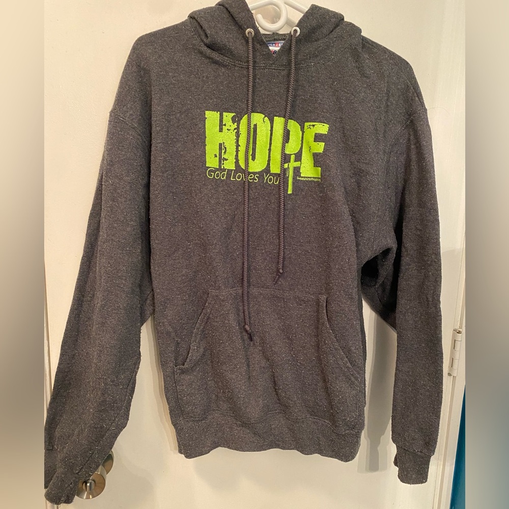 - Like New Dark Gray Womens Hoodie Size Large w/ HOPE, God Loves You Logo